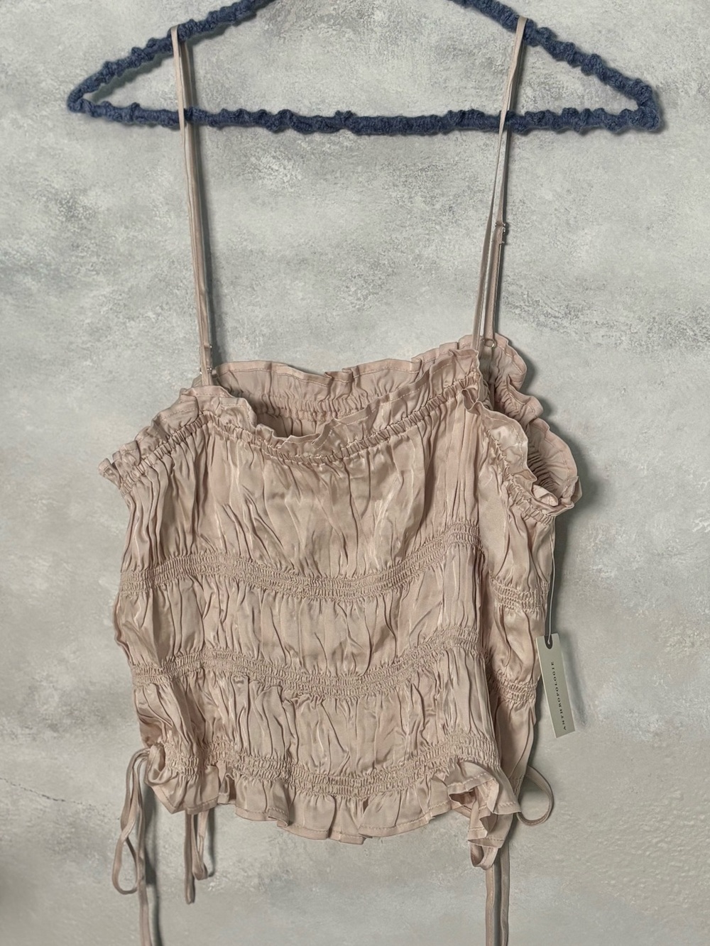 Anthropologie Silky Ruched Camisole Cropped Top Neutral XL Adjustable Straps